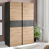 Forte OZZULA klassischer Kleiderschrank 120, Schrank mit Zwei Schwebetüren, Holzwerkstoff, Artisan Eiche Dekor mit Betonoptik Akzenten, 120 cm breit, 190,5 cm hoch, 61,2 cm tief