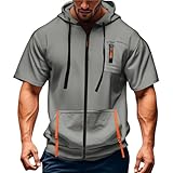 LILIHOT Herren Kurzarm Kapuzenpullover Freizeit Tshirt mit Kordelzug Kapuze Jacke Reißverschluss Taschen Pullover Komfortabel Baggy Sommerjacke Atmungsaktives Hemd(#B Light Gray,XL)