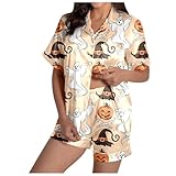 Schlafanzug Teenager Mädchen, Womens Pyjamas, Pyjamas Set Zweiteiler Shorty Nachtwäsche Set mit Knöpfen Revers Nachtkleidung Kuschelig Lässiges Kurzarm Top und Schlafhose Negligé Gedrucktes Sommer