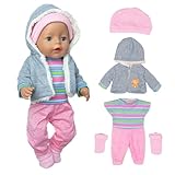 Baby Puppen Puppenkleidung, 1 Jacke + 1 gestreifter Pullover + 1 Strickmütze + 1 Paar Socken, Puppenzubehör, für Puppen der Größe 43 cm