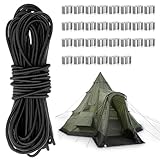 Gummiseil 6 mm x 10 m, Elastisches Expanderseil, Gummiseil für Anhängerplane mit 30 M6 Aluminium Crimpschlaufe, Gummischnur Rund Schwarz Planenseil für Anhängerplane, Camping, Segeln Planenseil