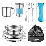 TAN REN Campingbesteck Set 1 Personen, Edelstahl camping geschirr set, 10-Teiliges Camping besteck set, Outdoor reisebesteck set mit Messer, Gabel, Löffel für Reisen, Wandern, Picknick