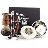 Haryali London 5-teiliges Rasierset aus Holz, doppelseitiger Rasierhobel, reines schwarzes Dachshaar, Ständer, Schale und Seife