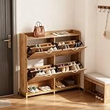 PLLBIKK Schuhschrank, Schuhregal 108,5 x 24 x 100 cm mit 4 Klappen und 2 Fächern Schuhkipper mit oberes Regal und Metallbeinen für Eingangsbereich, Garderobe, Flur, Holzoptik