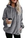 Mocturnity Damen Oversize-Kapuzenpullover mit, Flauschiges Fleece-Sweatshirt, Karierte Jacke, Mantel Dunkelgrau XXXL