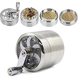 XUBX Krautmühle mit Handkurbel, Metall Kräuter Mahler Schleifer, 4-teilige Kräutermühle mit Gewürzmühle, Magnetischer Oberseite und Sieb, Aluminium Crusher Gewürze Herb Grinder für Tabak(Silber)