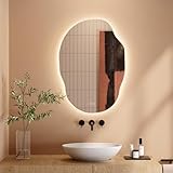 Dripex Badezimmerspiegel Led Badspiegel, Asymmetrisch, Touch-Schalter, Dimmbar, 3 Lichtfarbe Einstellbare Spiegel Bad mit Beleuchtung, Organischer Wandspiegel, Beschlagfrei 65x91 cm