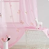 Treatmentex Vorhänge Transparent Gardinen mit Ösen Gold Schmetterling Druck Gardinen Voile Dekoschal Ösenvorhang für Mädchenzimmer, Kinderzimmer, Babyzimmer-2 Stücke(Rosa,140 x 180 cm)