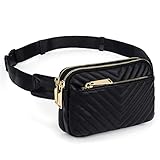 UTO Gürteltasche für Damen wasserdichte Bauchtasche Gesteppte Hüfttasche PU Leder Mode Schlanke Leichte Waist Pack Tasche mit 3 Reißverschlüsse Schwarz