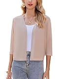 Zeagoo Damen Bolero Kurz Strickjacke 3/4 Ärmel Open Front Bolerojacke Festlich Elegant Cardigan Jacke für Abendkleid Beige M