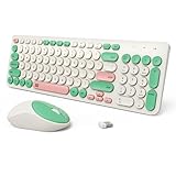 TKVPJYYI Kabellose Tastatur und Maus, 2,4 GHz USB schnurlose runde Tasten Set für Laptop, Computer, TV (weiß + grün)