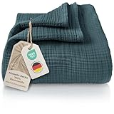 LAYNENBURG Premium Musselin Tagesdecke 150x200 cm - 100% Baumwolle - extraweiche, leichte Sommerdecke als Kuscheldecke, Bett-Überwurf, Baumwolldecke, Couch-Überwurf - warme Sofa-Decke (Blau Mirage)
