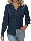 Rapbin Damen Satin Bluse V-Ausschnitt Causal Satinblusen Lässige Elegant Seidenbluse Oberteil Langarmshirt Shirts Marineblau