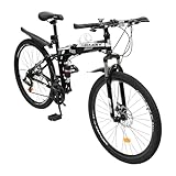 ROMYIX Klappbares Mountainbike, 26-Zoll-Räder, 21-Gang-Mountainbike, Herren/Damen, MTB-Fahrrad, Vorderradaufhängung (Schwarz und Weiß)