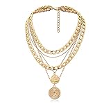 Sttiafay Punk Chunky Kettenkette Übertrieben Geschichtete Kubanische Gliederkette Halskette Mehrschichtig Geschnitzte Münze Anhänger Halskette Dicke Choker Schmuck Für Frauen (Gold)