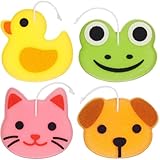 BRUBAKER 4er Set Badeschwamm Duschschwamm Tiere - 25 g Seifschwamm für Kinder und Erwachsene - Ente, Frosch, Hund und Katze - Badeknäuel Körperreinigungsschwamm - Waschschwamm inkl. Geschenkbox