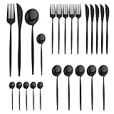 24 Stück Besteck Schwarz Matt Set 6 Personen Besteckset Cutlery Spiegelpoliert Spülmaschinenfest mit Besteck Messer und Gabeln Löffel Set für Familie Party Hotel Restaurant | Schwarz Matt