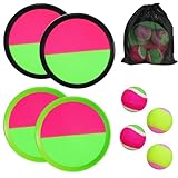 Klettballspiel, Klett Ballwurfspiel Kinder mit 4 Fangscheiben 4 Bällen und Schwarze Netztasche, Strandspiele Wurf für Kinder ab 3 4 5 6 Jahre und Erwachsene im Party Garten Strand Outdoor Spielzeug