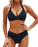 Yonique Damen Zweiteilige Badeanzüge Push Up Bikini Set Neckholder Badeanzug Vintage Bademode, schwarz, Small