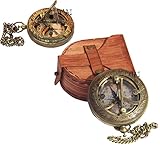 Sonnenuhr-Kompass aus Messing mit Ledergehäuse und Kette – Push-Open Kompass - Steampunk-Zubehör – antiker Vintage-Stil für Camping, Wandern, schönes handgefertigtes Geschenk – Sonnenuhr Steampunk