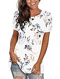 WNEEDU Tshirt Damen Kurzarm T Shirt Oversize Sommer Rundhals Top Blumenweiß 3XL