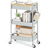 KINGRACK Rollwagen mit 3 Ebenen, Metallwagen mit abnehmbarem Holztablett, Aufbewahrung, Kunstwagen, Trolley, Organizer, Servierwagen, einfache Montage