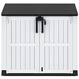 DWVO Geräteschuppen Lagerschuppen - Für Backen, Terrasse, Garten - Kunststoffharz Gartenhaus mit schrägem Deckel, abschließbare Tür und Holzmaserung - Grau