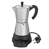 cilio Espressokocher Classico für 6 Tassen | elektrisch 480W | Ø 11,5 cm Höhe: 25 cm | Aluminium | Silber | integrierte Herdplatte | mit Warmhaltefunktion und Reduziersieb | für Reisen oder Camping