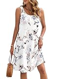 AUSELILY Sommerkleid Damen Ärmellose Midikleid Lässige Strandkleid Damen Leichte Swing Tankkleid mit Taschen Florales Weiß L