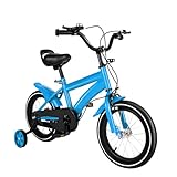 HuKaiL 14 Zoll Kinderfahrrad, Jungen Mädchen Fahrrad, Kinderrad für ab 3-6 Jahre, Blau Höhenverstellbares Ausbildungsfahrzeuge mit Stützräder, Kinderrad mit Duales Bremssystem