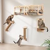 Kletterwand Katzen aus Massivholz für große Katzen bis 25KG, LitaiL 5tlg Katzen Kletterwand Set, 2X Katzenbett mit Weiche Kissen | 2X Kratzbaum | 1x Kratzsäule mit Sisal Matte für Wandmontage, Grau