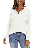 WOWENY Pullover Damen Mit Kapuze Sweatshirt Oversize Mit Knopfleiste Hoodie Langarmshirt Oberteile Pulli Tunika Für Den Herbst Und Winter,Weiß,L