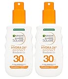 Garnier Ambre Solaire Hydra 24H Protect Sonnenschutzspray, hoher Schutz, LSF 30 Strahlen, UVB, UVA, feuchtigkeitsspendend, verhindert Hautalterung mit Glycerin und Vitamin E, 2 Flaschen à 150 ml
