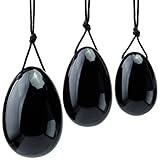 KYEYGWO Obsidian Reiki Heilung Kristall Yoni Eier Set mit 3 Größen, Polierte Oval Kugel-Eier Massage Steine Damen Edelstein Ei für Stärkung der Beckenbodenmuskulatur und Kegel Übung
