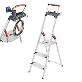 Hailo L84 ComfortLine Alu-Sicherheits-Stehleiter - 3 XXL-Stufen belastbar bis 150 kg - Tiefe Standfläche & Haltegriff - Stehleiter mit Ablage - Aluleiter Made in Germany - Leiter rostfrei - Silber