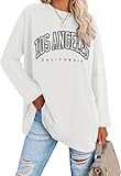 Ebifin Oversize Langarmshirt Damen Longshirt Rundhalsausschnitt Los Angeles Oberteil Langarm T Shirts Pullover Basic Tunika Tee Tops.Weiß.L