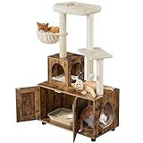 Yaheetech Katzenbaum mit Katzenklo Schrank, 134,5 cm hoch, All-in-One Kratzbaum mit Höhle Plattform Liegemulde, Katzenschrank für Katzentoilette, Vintagebraun-Beige