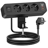 3 Fach Tischsteckdose mit 2 QC und Typ-C PD20W, 7 in 1 Mehrfachsteckdose 3 USB mit Schalter, Steckdosenleiste Schreibtisch mit 2M Kabel für Zuhause Büro