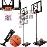 tectake® Basketballkorb Outdoor mit Rollen, Basketball Kinder, Erwachsene, mobiler Standfuß mit Rückwand, Korb mit Netz wetterfest, Basketballständer höhenverstellbar, inklusive Ball und Pumpe