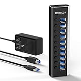 RSHTECH USB Hub Aktiv 3.0 mit 36W(12V/3A) Netzteil, Aluminium 10 Ports USB 3.0 Hub zum Laden und zur Datenübertragung, USB 3.0 Mehrfach Ports Verteiler mit EIN/Aus-Schalter und LED, RSH-A10