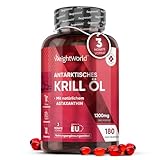 Omega 3 Krillöl Kapseln - 1200mg mit Astaxanthin & Cholin - 180 Weichkapseln für 3 Monate - EPA & DHA für Herz & Blutdruck (EFSA) - Alternative zu Fischöl & Lebertran - Antarktis Krill - WeightWorld