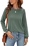 Odosalii Damen Rundkragen Langarmshirt Elegant Oberteile Lässige Einfarbig Longshirt Pullover Tunika Top Bluse Shirt Grün L