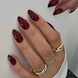 Wsimily Kunstnägel zum Aufdrücken, Mandel, einfarbig, zum Aufkleben, Acryl, mittlere Abdeckung, für Damen und Mädchen, einfache DIY-Nagelkunst, Weinrot, 30 Stück