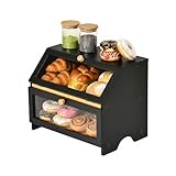 buybyroom Bambus Brotkasten Holz Brotbox, Brotaufbewahrung Mit Magnetisch Acryltür, Lebensmittelecht 2 Etagen Brotkasten Schwarz, 39x25x32cm