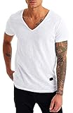 Leif Nelson Sommer T-Shirt Herren V-Ausschnitt (weiß, Größe M) - Coole Tshirts V-Neck Baumwolle - Basic Shirts Männer Kurzarm tiefem Ausschnitt