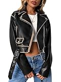 LY VAREY LIN Kurze Damenjacke aus Kunstleder, Revers, Reißverschluss, Biker-Kurzmantel mit Gürtel, L2311deep Black, Medium
