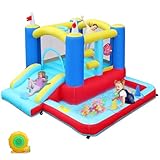 LEADZM Buntes Hüpfburg mit Gebläse, Aufblasbarer Spielplatz mit Pool, Rutsche, Trampolin, Zielscheibe, Basketballkorb, Outdoor/Indoor, für 3 Kinder 3-10 Jahren, 275x255x188cm