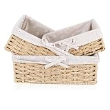 Brotkorb 3er Set mit Baumwolleinsatz | Eckige Brotkörbchen aus Seegras | Geflochtener Korb | Aufbewahrungskorb aus stabilem Metalluntergestell | Brötchenkorb Scandi Style | Deko-Korb Aufbewahrungskorb