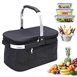 32L Einkaufskorb Kühltasche, Kühlkorb Faltbar, Picknickkorb Groß, Leicht klappbar & kompakt, Mit Griff Lunchtasche Thermo Tasche für Büro Camping Picknick Reisen Einkaufen (Schwarz)