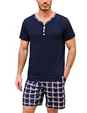 Irdcomps Schlafanzug Herren Pyjama Kurz Shorty Sommer Baumwolle Nachtwäsche Set Schlafanzüge Männer Karierter Knöpfen Kurzarm Navyblau L